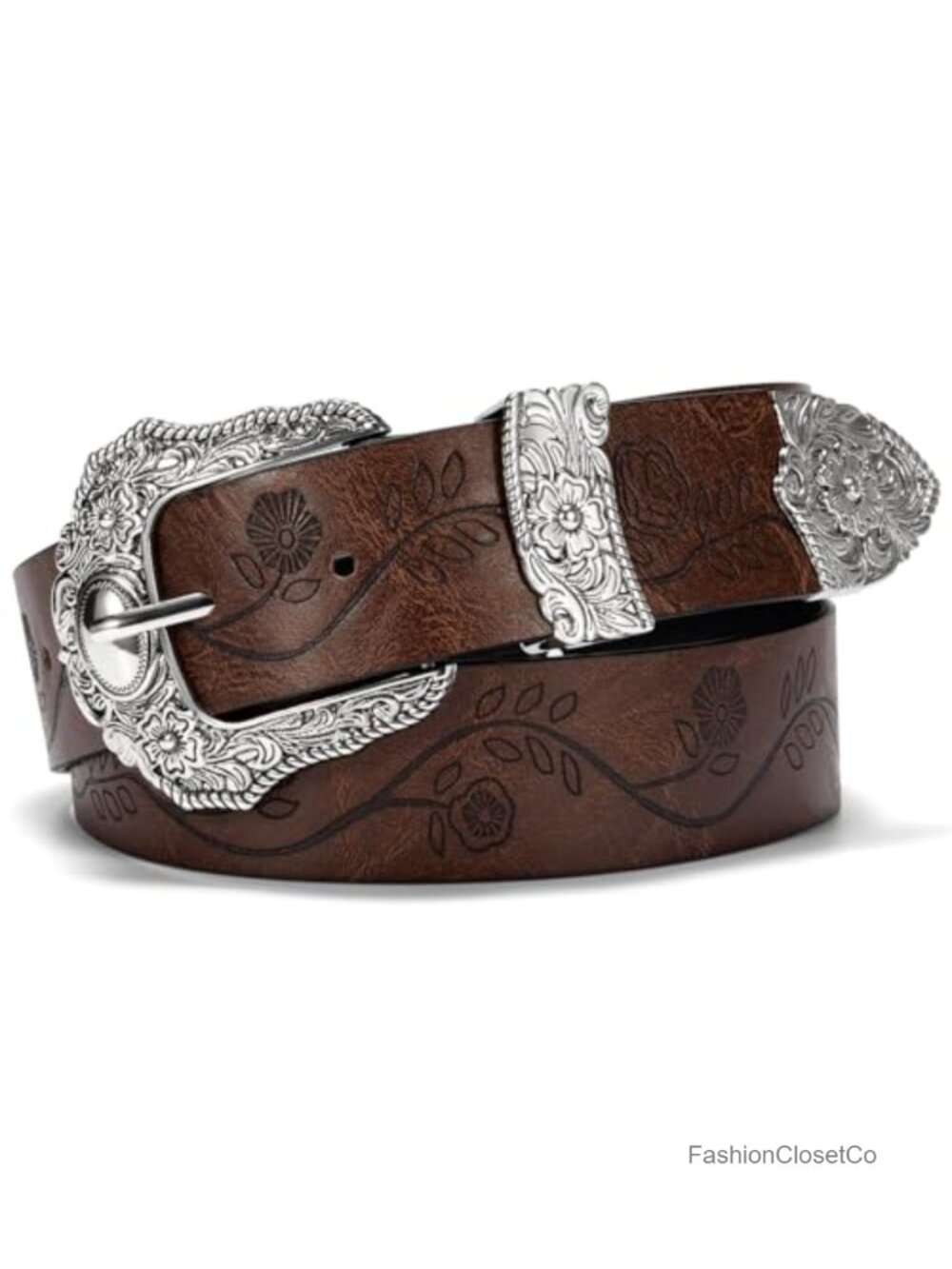 Western Cowgirl Belt Floral Embossed Buckle Adjustable PU Leather